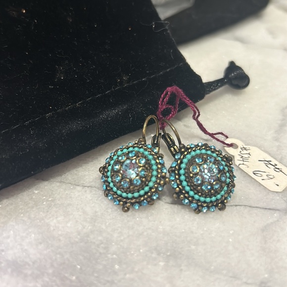 Vintage Sapphire & Turquoise Crystal Euro Wire Medallion Earrings-Boutique - Picture 3 of 7